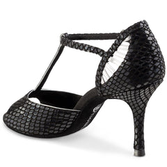 Elegant black Latin dance shoe with T-strap design and textured surface, offering comfort and style for salsa and tango.