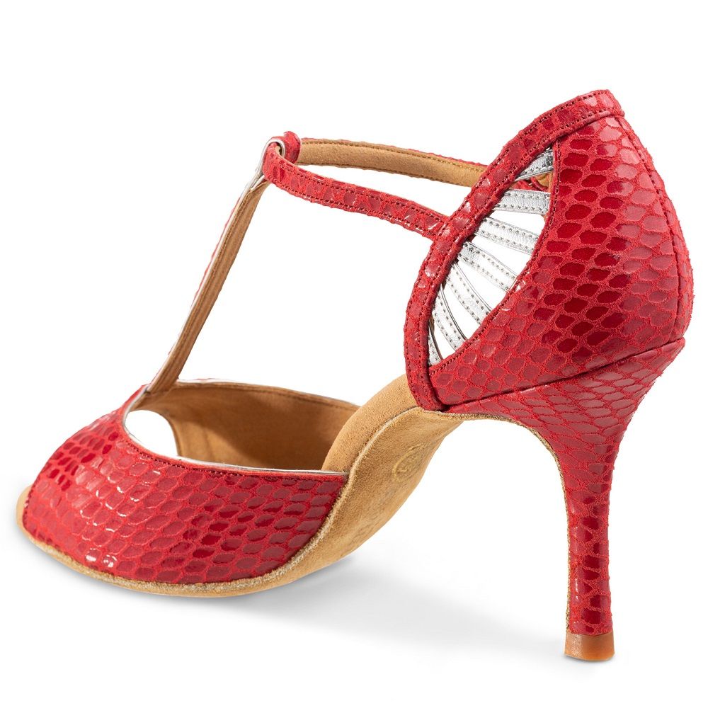 Red Latin dance shoe with snake texture and elegant heel for Salsa and Tango, featuring supportive design and superior comfort.