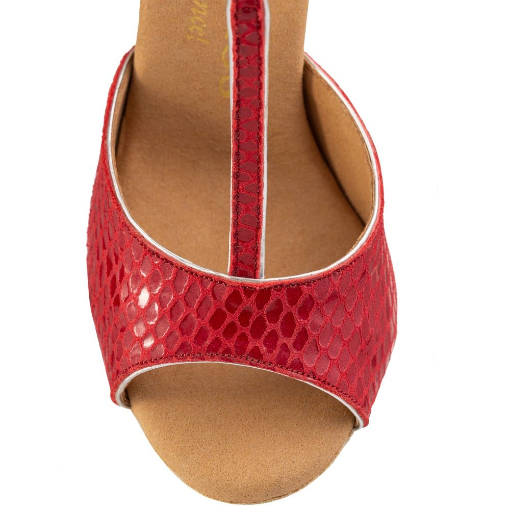 Rummos Valentina red Latin dance shoe with open toe, featuring a stylish snake skin pattern for ultimate comfort and support.