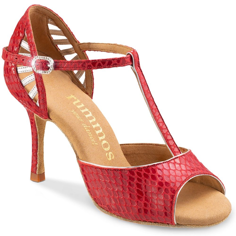 Rummos Valentina red Latin dance shoe, perfect for Salsa and Tango, featuring flexible design and comfortable cushioning.